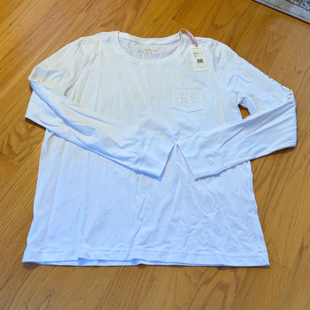 Vineyard vines l/s graphic pocket T foil whale white cap size L NWT